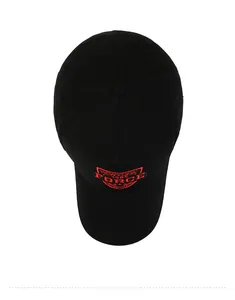 Top view of black cotton baseball cap with red New York Force 1985 embroidery detail