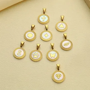 Pendants Ronds En Acier Inoxydable Plaqué Or Avec Incrustation De Nacre Multi Motifs Breloques DIY