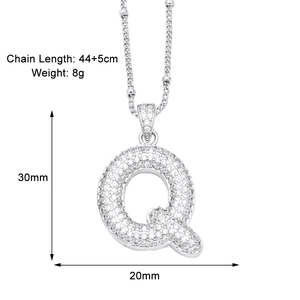 Detailed view of silver letter Q pendant with dimensions 30mm by 20mm and chain specs