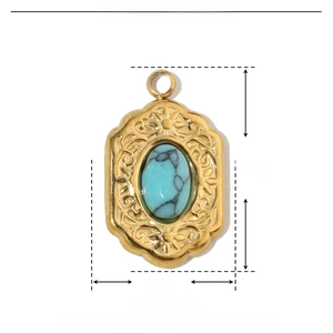 Macro view of 16mm x 9mm oval green natural stone pendant with gold stainless steel frame