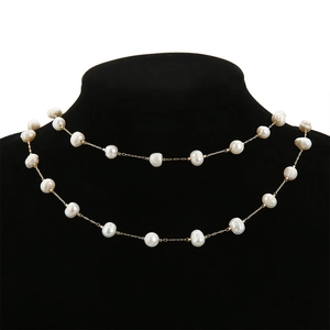 Double-layer 18k gold plated chain necklace with 5-7mm natural freshwater pearls