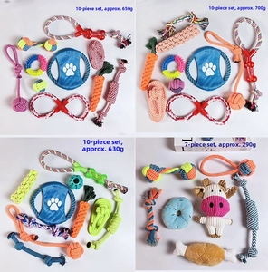 Detailed views of multi-piece dog chew toy sets including rope balls and plush toys
