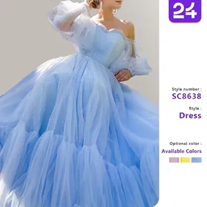 Elegantes Off-Shoulder Besticktes Netz-Tüll Abendkleid Für Damen Sexy Puffärmel Hochzeit Party Bankett Maxi Kleid