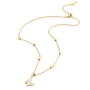 Gold titanium butterfly necklace with white mother of pearl inlay on white background