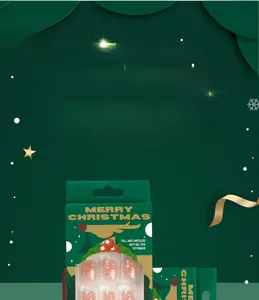 Detailed view of Christmas themed short press-on nails with snowflakes and star patterns