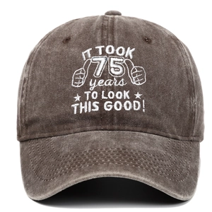 Detailed embroidery on vintage washed cotton cap for 75th birthday gift