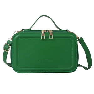 Minimalist green suitcase-shaped shoulder bag with fashion embossing and metal zippers