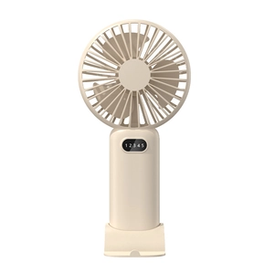 Portable mini handheld fan in beige with USB charging and 5-speed display