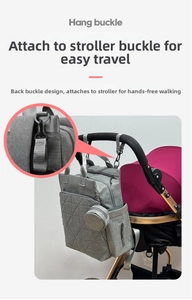 Close-up of gray quilted diaper bag stroller hooks and detachable small round pouch
