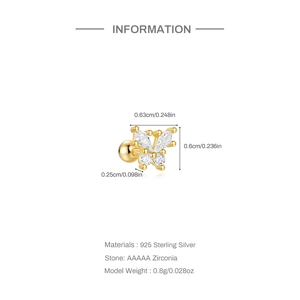 Detailed size specifications for gold butterfly stud earrings with AAAAA zircon stones
