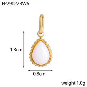 Macro detail of teardrop natural stone pendant with gold beaded trim 1.3cm x 0.8cm
