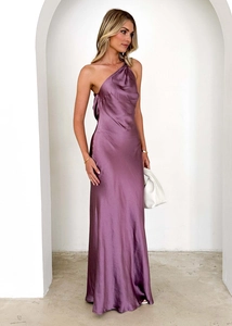 Detail of elegant purple satin one-shoulder dress with smooth texture and drape