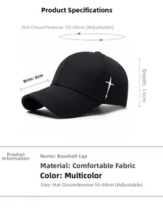 Detail view of cotton baseball cap with cross embroidery and adjustable size dimensions