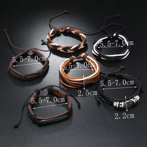 Detailed view of 6-piece leather bracelet set featuring infinity and feather alloy charms