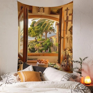 Detail of 3D Mediterranean window view tapestry with palm trees on bedroom wall