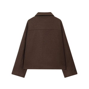 Veste courte en laine marron foncé pour femme avec couture dos et grandes poches