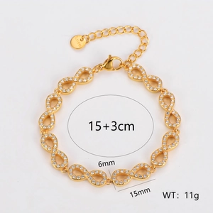 Gold stainless steel infinity bracelet with clear cubic zirconia stones in 15+3cm length