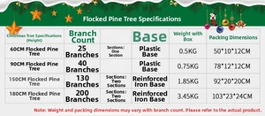 Detailed size chart for pine needle flocked Christmas trees ranging from 60cm to 180cm