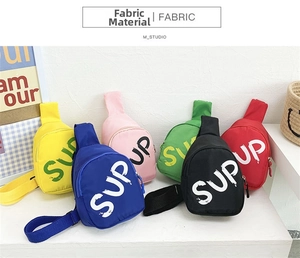 Close-up of colorful cartoon smile mini chest bags for kids with adjustable nylon straps