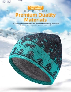 Detail of Christmas reindeer knit hat with warm fleece lining against snow mountain