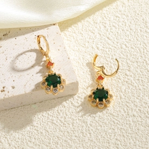 18K gold plated sunflower earrings with green crystal and orange zircon accents
