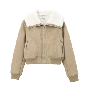 Women Suede Jacket With Faux Shearling Collar Short Zipper Outerwear Ribbed Trim Streetwear Casual Coat Khaki Female