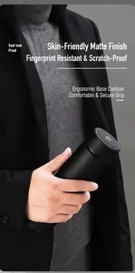 Detail of smart stainless steel bottle with LED temperature display and matte black finish