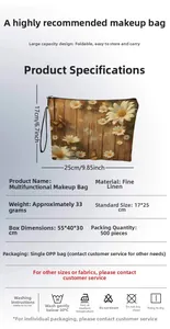 Detailed size chart for floral linen cosmetic bag with dimensions 25x17cm and weight