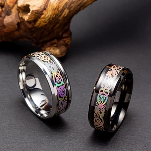 Mythical dragon pattern titanium steel rings in silver and black with celtic knot design