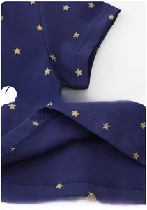 Detailed view of sleeve cuffs and hem stitching on navy dress with gold stars