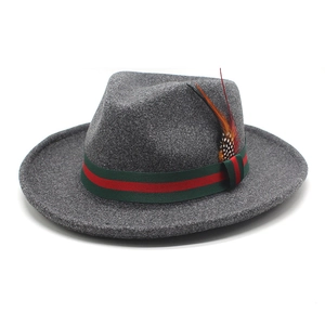 Detail of wool fedora hat with striped band and colorful real feather decoration