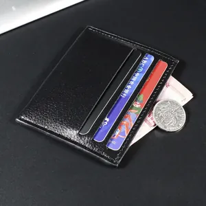 Slim black PU leather card holder wallet with multiple slots and lychee grain texture