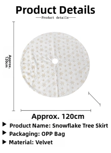 Detail of 120cm white plush Christmas tree skirt featuring golden snowflake embroidery
