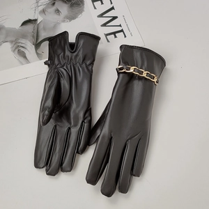 Elegantes guantes de cuero PU negro para mujer con cadena dorada y forro cálido para moda