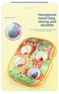 Detail of animal-themed bean bag toss game with scoring holes and durable mesh pockets