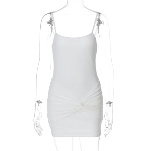 Detailed view of white mini dress with ribbed texture and waist twist knot design