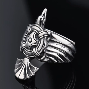 Vintage stainless steel Viking sun bird totem ring with silver finish and raven design