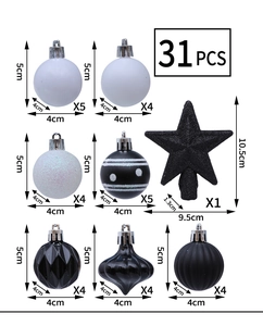 31-piece black and white Christmas tree ornament set including baubles and a star topper