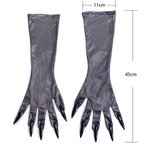 Halloween catwoman cosplay gloves with long black nails and silver glitter finish