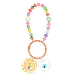 Colorful beaded keychain with orange ring, tulip flower charm, and evil eye pendant