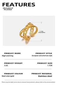 Detail view of 18K gold plated stainless steel X-cross ring with size and weight metrics