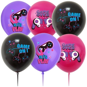 Gamer party balloons set with Game Over and Game On prints in purple pink and black