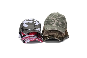 Detailed stack of camouflage baseball caps in various tactical colors and patterns