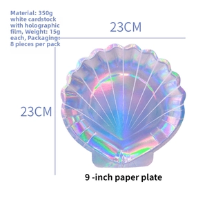 Macro detail of 9-inch shell-shaped paper plates made of 350g white cardstock with laser film