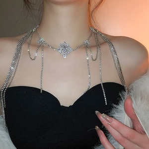 Exquisite silver body chain necklace with sparkling zircon fringe and oval pendant detail