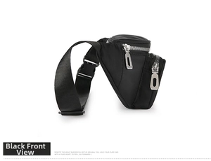 Waterproof black nylon waist bag with multi-layer zipper pockets and side-view detail