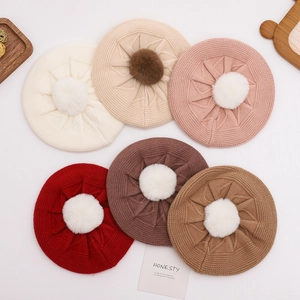 Winter knitted beret set for girls featuring fluffy fur pom-poms in six warm colors