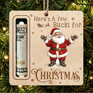 Macro view of wooden Christmas money holder ornament featuring Santa on a festive tree