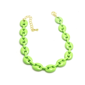Detail of light green chunky coffee bean link bracelet with gold lobster clasp closure