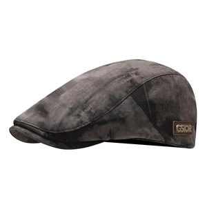 Retro tie-dye flat top beret hat in charcoal grey with vintage washed fabric texture